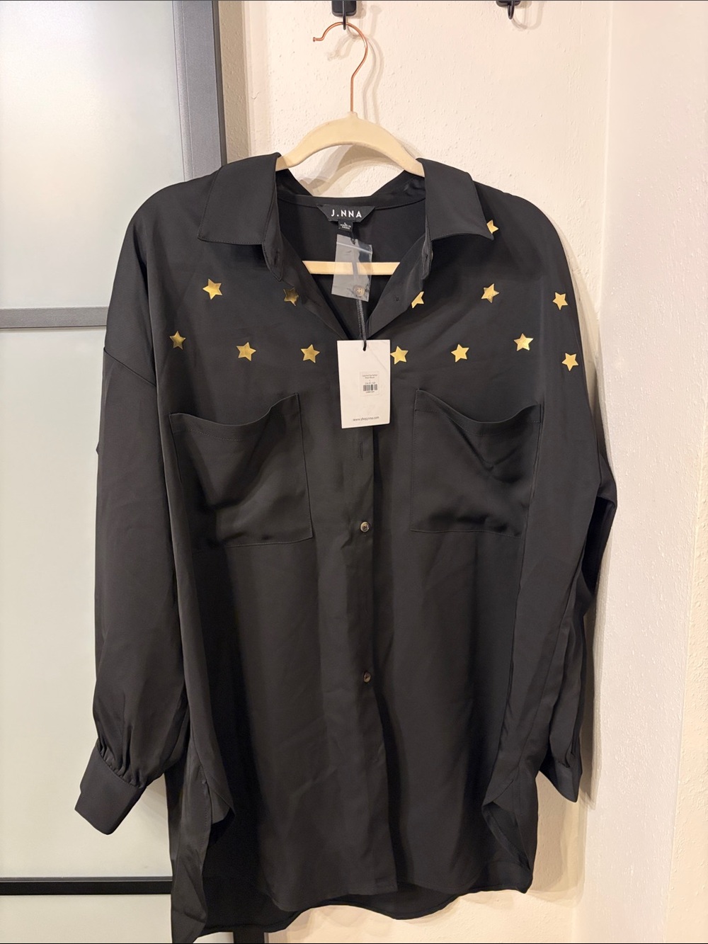 J.NNA Black Button-Down Shirt with Gold Star Accents